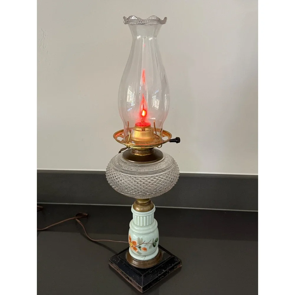 Vintage Electric Hurricane Lamp Floral Milk Glass Hobnail Clear Red Flame Bulb